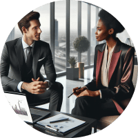 A professional financial consultant in a well-tailored suit sits across from a client in a modern, minimalist office with large windows and a cityscape view.