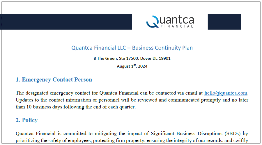 Cover image of Quantca Financial's Business Continuity Plan featuring symbols representing operational resilience and service continuity.