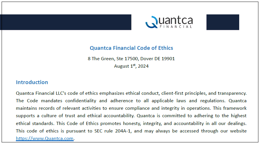 Cover image of Quantca Financial's Code of Ethics featuring symbols of integrity and ethical financial practices.