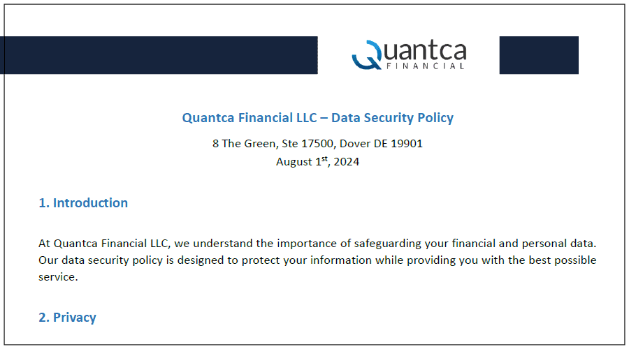 Cover image of Quantca Financial's Data Security Policy featuring security symbols representing the company's dedication to protecting client data.