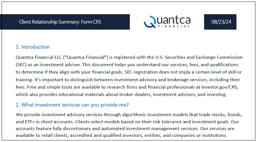 Cover image of Quantca Financial's Client Relationship Summary (Form CRS) featuring symbols representing transparency and client-centric financial services.