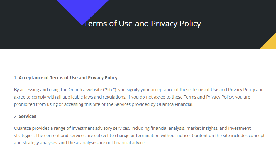 ver image of Quantca Financial's Terms of Service featuring symbols representing agreement and transparency in financial services.